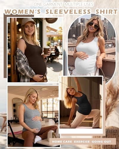 Ficerd 4 Pack Women's Maternity Tank Cotton Tops - color: Black, Light Heather Gray, White, Coffee, size: Small