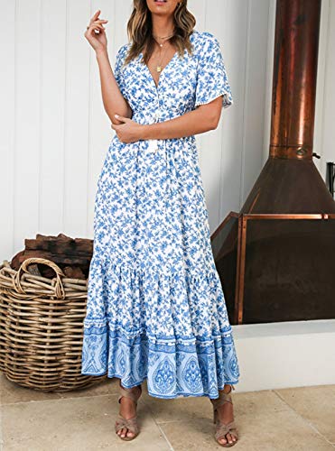R.Vivimos Womens Summer V Neck Floral Print Boho Midi Dress - color: White, size: X-Large