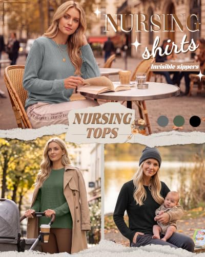 Neer 3 Pack Women's Nursing Hidden Zipper Long Sleeve Shirts - color: Light Gray, Light Green, Black, size: Large