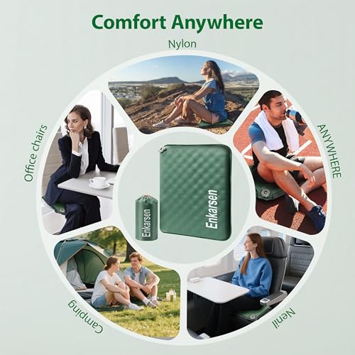 Inflatable Travel Seat Cushion – Self-Inflating Memory Foam Pad for Airplane, Stadium Bleachers, Camping, Hiking & Backpacking – Ultralight Compact & Portable Sitting Cushion (Green) - color: Green