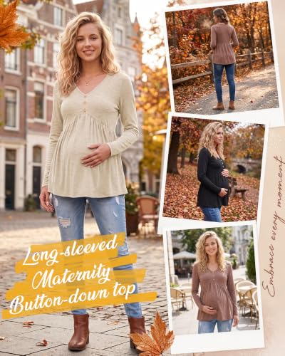 Cutecrop 3 Pack Maternity Long Sleeve V Neck Shirt - color: Black, Khaki, Apricot, size: Medium