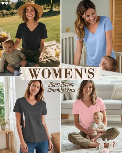 4 Pack Women's Nursing Maternity Shirts - color: Black, Dark Gray, Sky Blue, Light Pink, size: Small