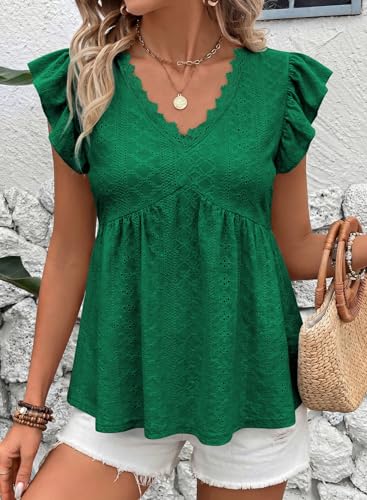 BLENCOT Peplum Tops for Women Trendy Lace V-Neck Ruffle - color: Blackish Green, size: Medium