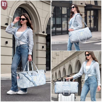 Personalized Quilted Duffle Bag for Travel Gym Weekender Hospital Carry On - color: Blue Flower, size: J