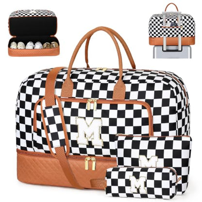 TIBES Gift for Her, Weekender Bag for Women Initial Travel Duffle Bag - color: Black & White Checkerboard, style: M