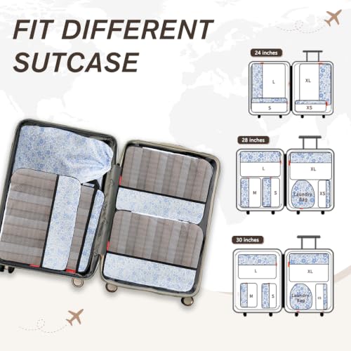 U+U 6 Set Compression Packing Cubes, Travel Organizers (Blue Flower) - color: Blue Flower, size: 6 Set
