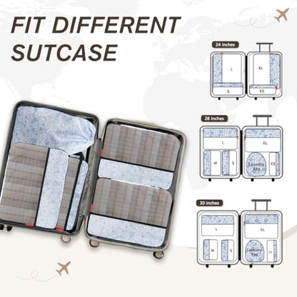 U+U 6 Set Compression Packing Cubes, Travel Organizers (Blue Flower) - color: Blue Flower, size: 6 Set