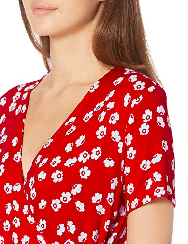 Amazon Essentials Women's Short Sleeve V Neck Faux-Wrap Dress, Fitted - color: Red Tossed Poppy, size: Small