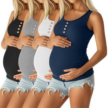 4 Pack Maternity Henley Tank Tops - color: Navy Blue, White, Light Gray, Black, size: X-Large