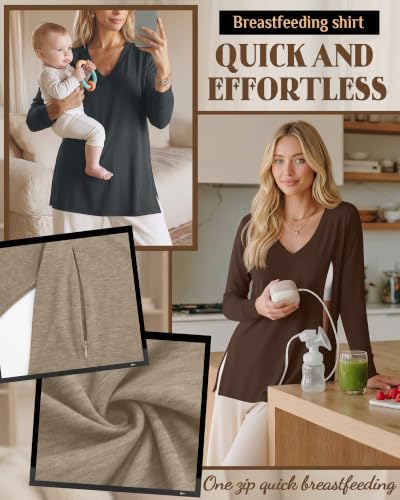 3 Pack Women's Nursing Breastfeeding Long Sleeve Shirts - color: Dark Gray, Light Camel, Dark Brown, size: Small