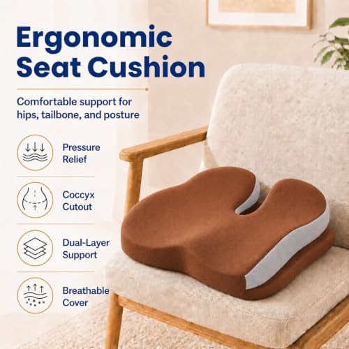 Memory Foam Ergonomic Seat Cushion for Office Chairs Pain Relief - color: Brown Mesh