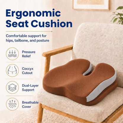 Memory Foam Ergonomic Seat Cushion for Office Chairs Pain Relief - color: Brown Mesh