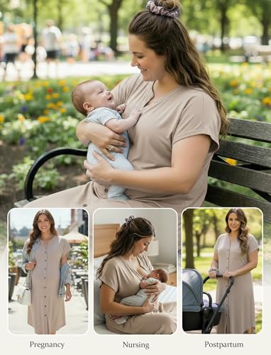 PATPAT Maternity Nursing Dress, Womens Button-Down Midi Dress with Pockets - color: Beige, size: Large