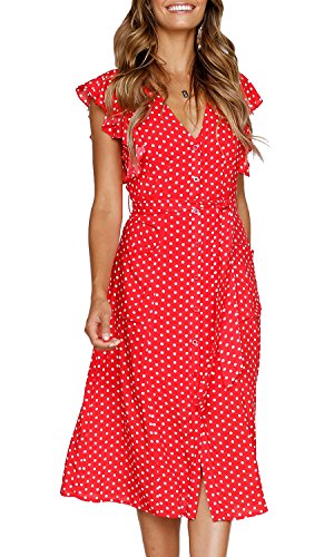 MITILLY Women's Boho Polka Dot Flutter Short Sleeve V Neck Button Down Swing Midi Dress with Pockets - color: 01 Red, size: Large