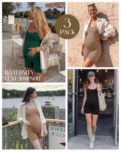 3 Pack Women's Maternity Jumpsuit Shorts - color: Dark Green, Light Khaki, Black, size: X-Large