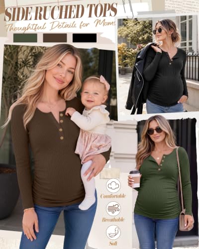 Huukeay 3 Pack Womens Maternity Long Sleeve Shirts - color: Army Green, Coffee, Black, size: Medium