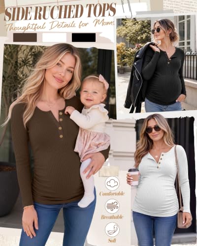 Huukeay 3 Pack Womens Maternity Long Sleeve Shirts Pregnancy Top - color: Coffee, White, Black, size: Medium