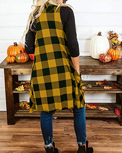 Ivay Womens Plaid Open Front Sweaters Sleeveless Duster Cardigans Drape Lightweight Vest Coat with Pockets - color: Yellow, size: Small