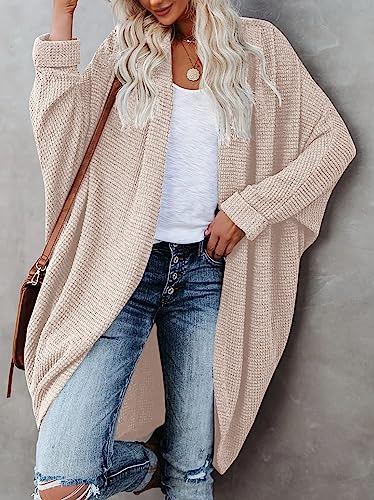 Womens Open Front Knit Cardigan Long Batwing Sleeve Oversized Sweater Chunky Waffle Cable Boho Pockets Coat - color: Beige, size: Large