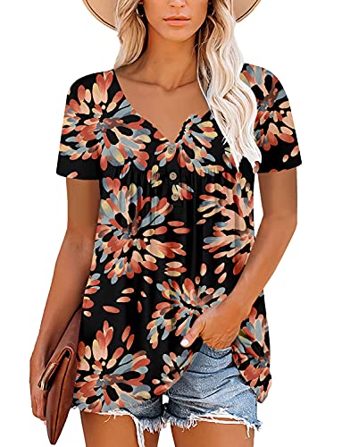 Mystry Zone Womens Henley V Neck Casual Blouse Button Down T Shirts Flare and Flowy Tops - color: 1-black, size: Medium