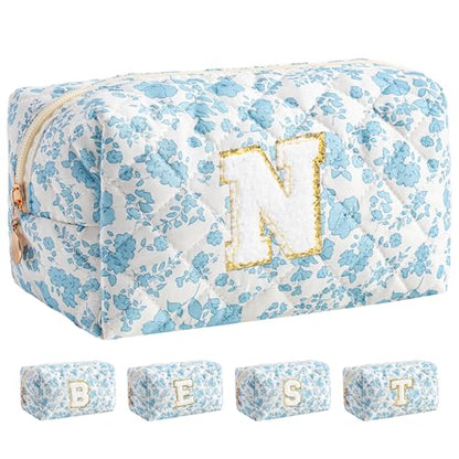 HBselect Personalized Makeup Bag for Women Initial Quilted Toiletry Bag - color: Blue Flower, size: N
