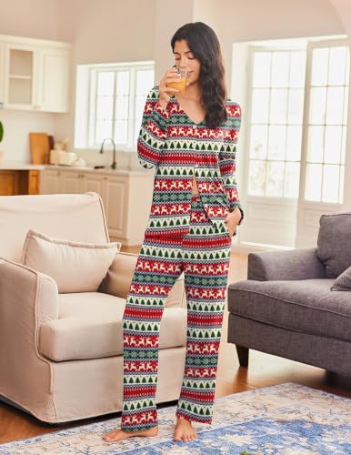 Ekouaer Womens Pajama Sets Button Up Long Sleeve Lounge Set Soft V Neck Pj - color: Chrismas Deer, size: XX-Large