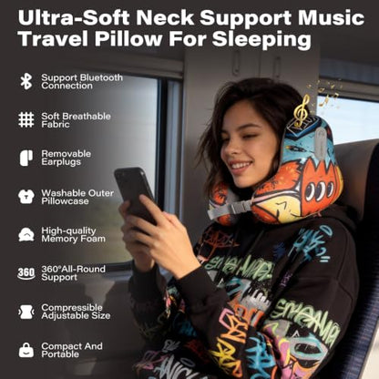 Bluetooth Travel Neck Pillow, Memory Foam - color: Black