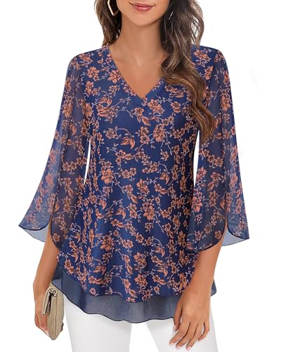 Timeson Women's 3/4 Sleeve Floral Blouses Shirts - color: Blue Brown, size: Large