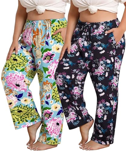 Vozanet Women's Plus Size Pajama Pants 2 Pack Lounge Bottoms with Drawstring and Pockets Ultra-Soft Sweatpants Loose PJS - color: Chrysan/Black, size: 4X-Large