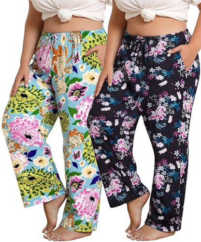Vozanet Women's Plus Size Pajama Pants 2 Pack Lounge Bottoms with Drawstring and Pockets Ultra-Soft Sweatpants Loose PJS - color: Chrysan/Black, size: 4X-Large