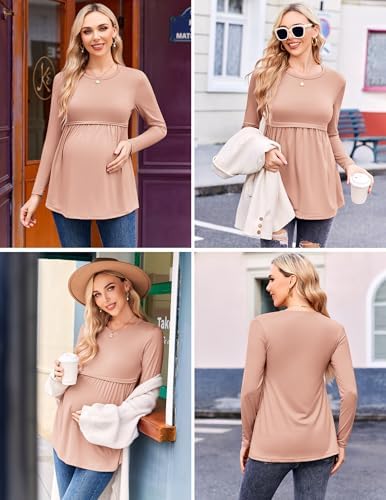 Ekouaer Maternity Shirts 3 Pack Pleated Long Sleeve Tops Pregnancy Clothes - color: Black/Pink/Green, size: Medium