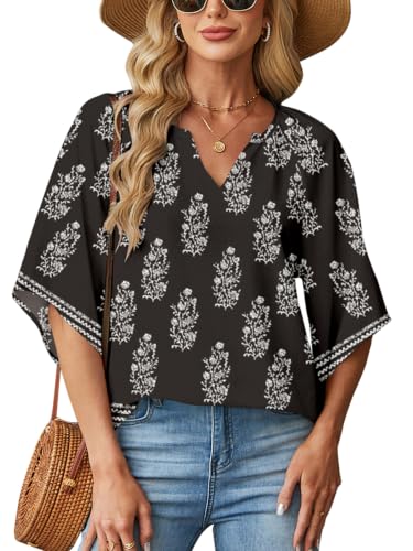 Poetsky Womens Boho Tops V Neck 3/4 Sleeve Blouses Loose Fit Tunic Shirts - color: Black, size: Medium