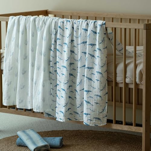 Muslin Swaddle Blankets for Newborn, Cotton Receiving Blanket - color: Blue Ocean Whale