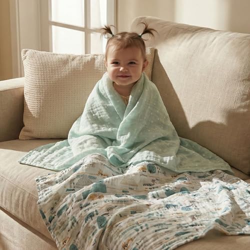 Muslin Swaddle Blankets for Newborn, Cotton Receiving Blanket - color: Light Blue Farm Country