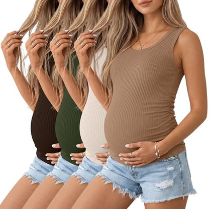 Ficerd 4 Pack Women's Maternity Tank Cotton Tops - color: Coffee, Army Green, Apricot, Light Coffee, size: Medium
