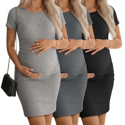 3 Pack Women's Cotton Maternity Dresses - color: Black, Light Mixed Gray, Dark Gray, size: X-Large