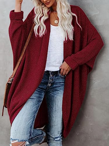 Womens Open Front Knit Cardigan Long Batwing Sleeve Oversized Sweater Chunky Waffle Cable Boho Pockets Coat - color: Burgundy, size: Small