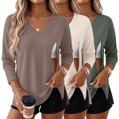 Riyiper 3 Pack Women's Nursing Shirts for Breastfeeding - color: Coffee, Cream, Dark Green, size: XX-Large