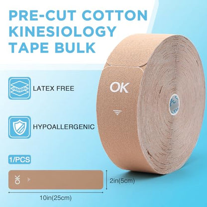 OK TAPE Kinesiology Tape 150 PCS Precut Elastic Strips Bulk 2inx10in/PCS - color: Beige, size: 150 PCS