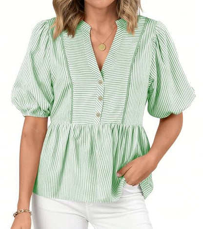 dowerme Women Lantern Sleeve Button Up Stripes Babydoll Tops - color: Green, size: Medium