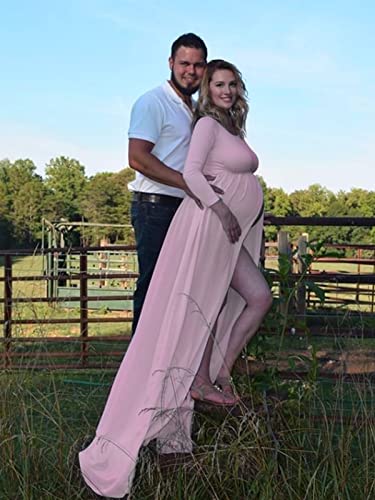 YnimioAOX Maternity Photoshoot Dress Off Shoulder Long Sleeve - color: Light Pink