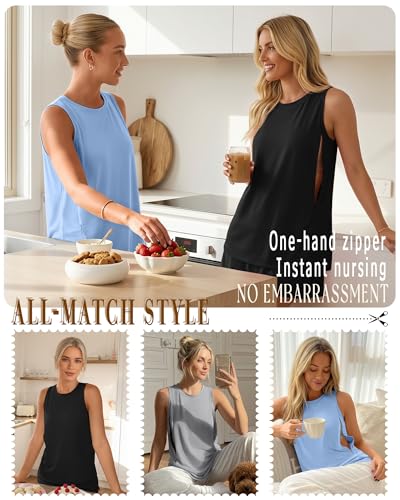 3 Pack Women's Nursing Tank Tops - color: Sky Blue, Light Gray, Black, size: Small