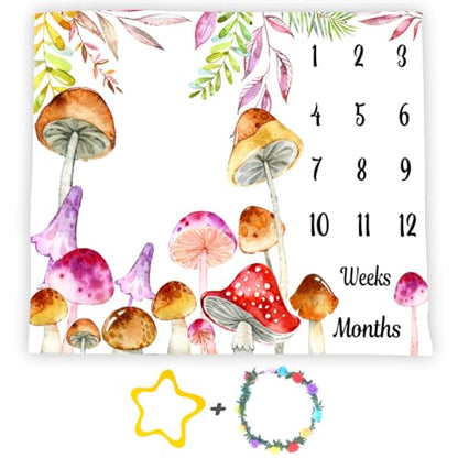 Mushroom Theme Baby Monthly Milestone Blanket, Watercolor, 48x40in - color: Green, size: 48x40in