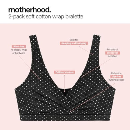 Motherhood Maternity Women's Soft Cotton Spandex Wrap Front Maternity & Nursing Sleep Bralette Bra S-3x - color: Mini Dot/Heather Grey 2 Pack, size: Large