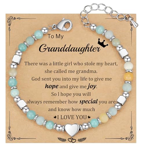 Christmas Gift for Women, Beaded Bracelets for Women Teen Girl Gifts Stocking Stuffers for Her Adjustable Nature Stone Bead Bracelet with Heart Birthday Jewelry Grandma Daughter Granddaughter Mom - color: Amazonite- Granddaughter