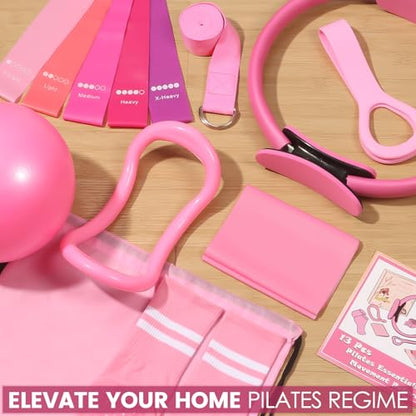 Pilates Kit for Women 13PCS, Pilates Ring Ball Resistance Bands Workout Set - color: Pink