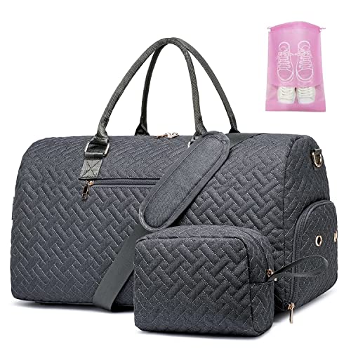 Duffle Bag for Travel, Weekender Bag with Shoe Compartment, Carry On Overnight Bag for Women with Toiletry Bag, 50L Gym Bag with Wet Pocket, Hospital Bags for Labor and Delivery Pink - color: Dark Gray, size: Regular