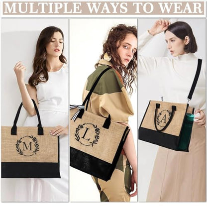 YOOLIFE Personalized Gifts for Women Initial Jute Tote Bag Makeup Bag - color: L