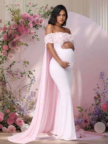 Maternity Mesh Off Shoulder Chiffon Cloak Maxi Photoshoot Dress - color: Pink-a, size: Medium
