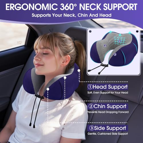 CloudBliss Neck Pillow for Airplanes, Memory Foam Travel Pillow, Navy - color: Navy
